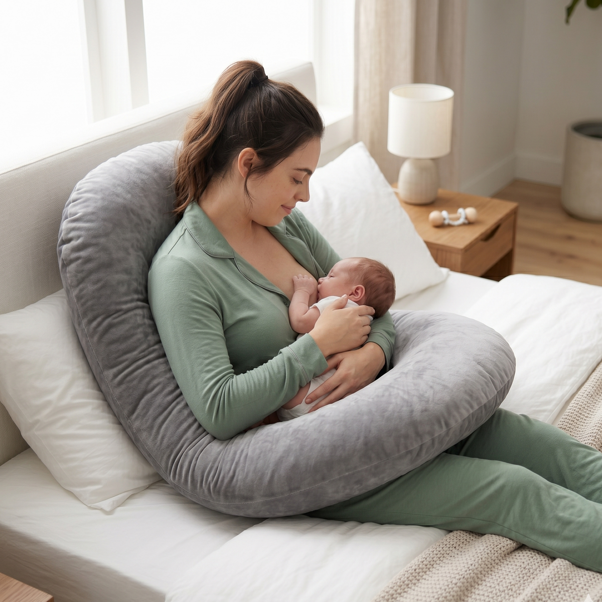 Une maman éveillée tient son bébé pendant une tétée, avec un coussin en appui.